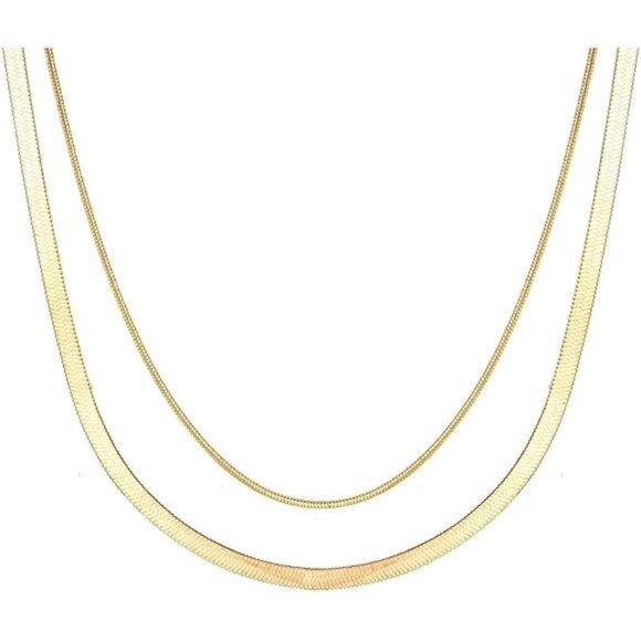 Layered Gold Chain Necklace | Cuban & Herringbone Double Chain - Picture 1 of 4